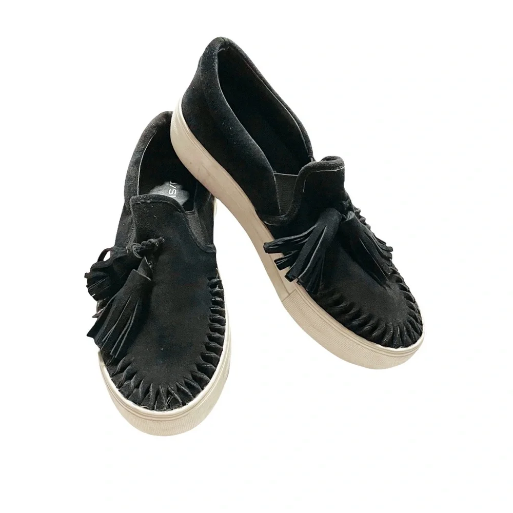 J/SLIDES Slip On Loafer Sneaker Shoes Microseude with Tassel Decoration Size 7
